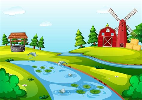 Premium Vector Farm With Red Barn And Windmill Scene