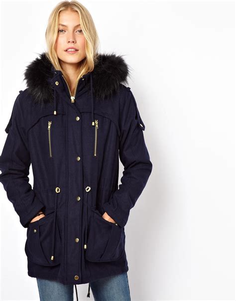 Lyst Asos Wool Parka With Faux Fur Hood In Blue