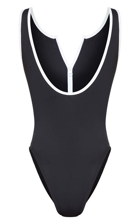 Black Contrast Zip Front Scuba Swimsuit Prettylittlething