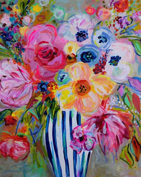 Abstract Flowers Bold Colorful Flowers Blue And White Ginger Jar Floral Still Life Large