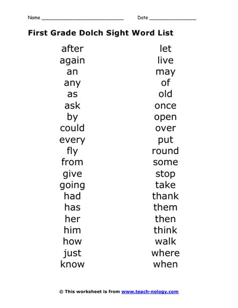 First Grade Dolch Sight Word List