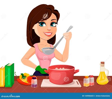 Beautiful Woman Cooking In Her Kitchen Stock Vector Illustration Of