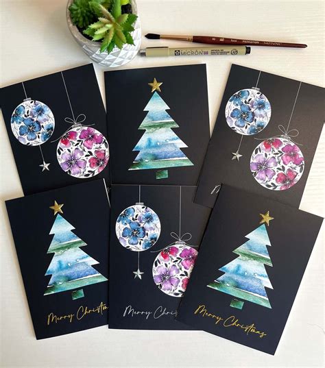 Watercolor Christmas Card Pack Set Of 6 Christmas Cards Etsy