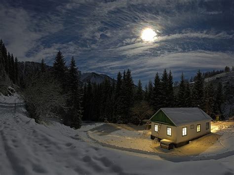 Free Download Lonely Cottage On A Snowy Winter Night Trees Window