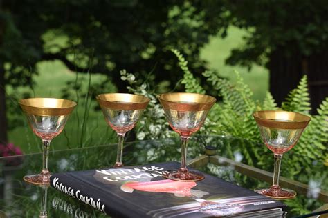 Vintage Pink Gold Rimmed Encrusted Cocktail Martini Glasses Set Of 4