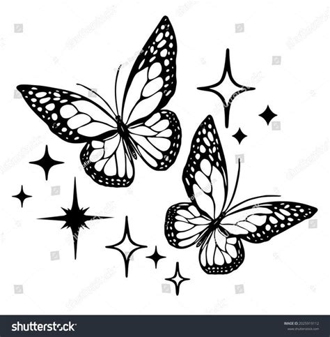 Vector Butterfly Outline Silhouette Black Tattoo Bright Shining Stencil Stars Two Flying Butterf