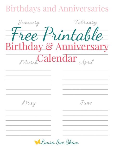 Free Printable Birthday And Anniversary Calendar Laura Sue Shaw