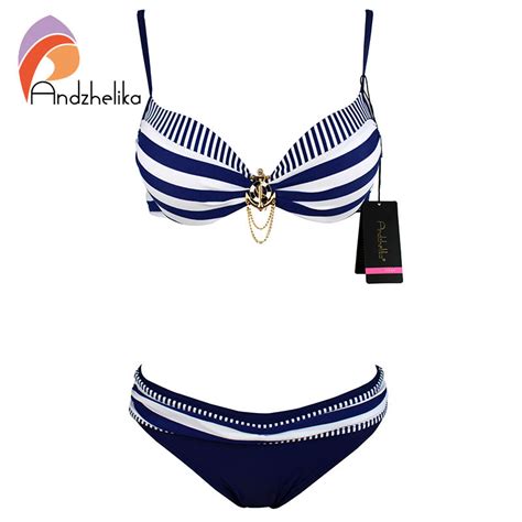 andzhelika bikini 2016 new push up swimwear retro navy blue black white striped anchors bathing