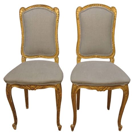 Pair of 19th C Italian Gold Gilt Chairs with Grey Linen | 1stdibs.com ...