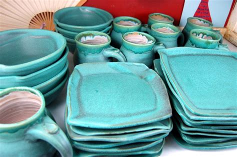 Handmade Pottery Dinnerware Set Turquoise Stoneware Pottery Dinnerware