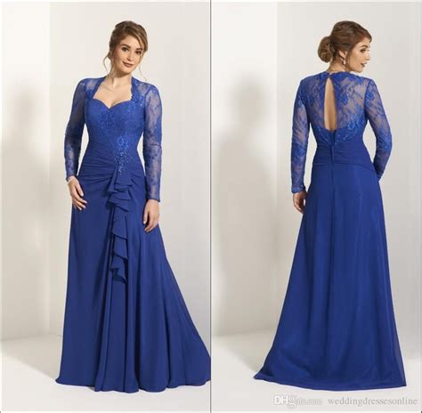 blue lace long sleeves mother of the bride dresses elegant chiffon sweetheart beaded floor