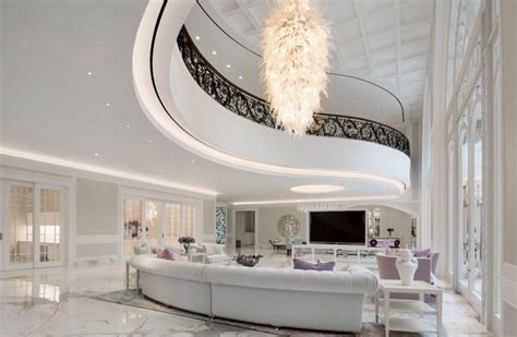 Gorgeous All White Mansion Living Room Decor With Huge White Sofa And