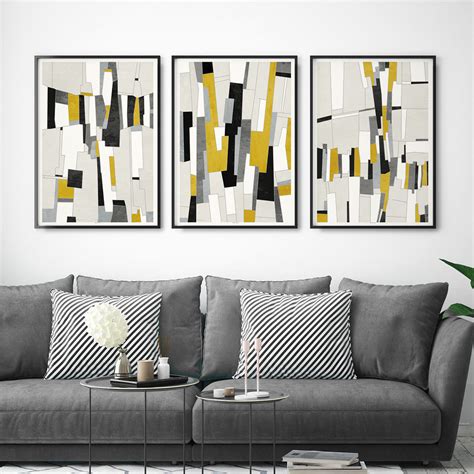 Set Of 3 Abstract Art Prints Mustard Yellow And Grey Wall Art