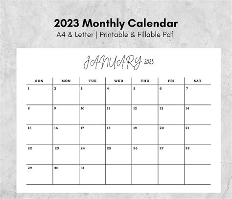 Simple 2023 Monthly Calendar Calendar 2023 Instant Etsy