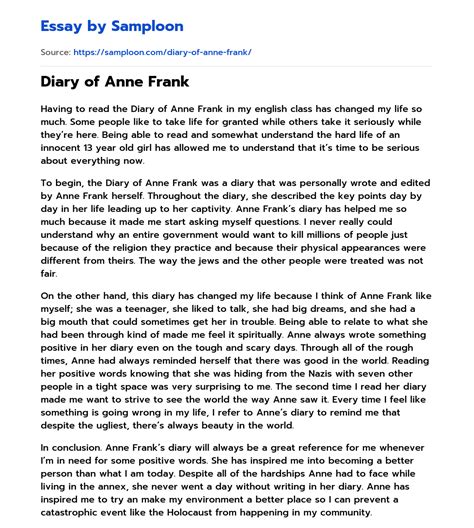 Diary Of Anne Frank Free Essay Sample On