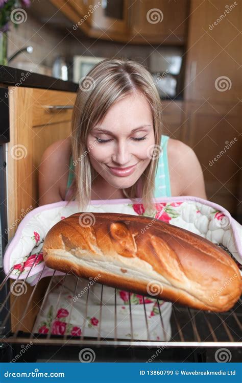 Delighted Blond Woman Baking Bread Stock Image Image Of Bakery Bread
