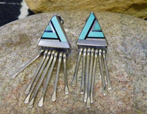 Turquoise Inlay Clip Earrings Southwest Jewelry Sterling Etsy