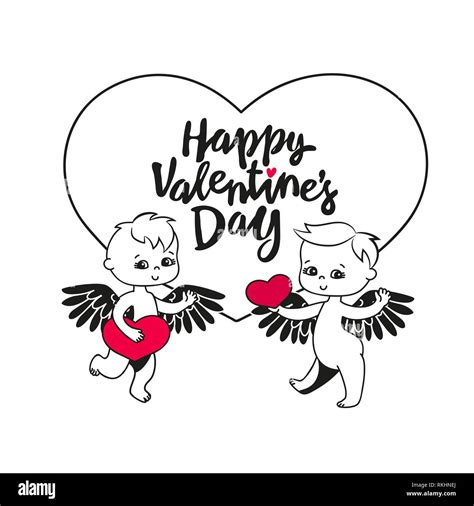 happy valentine s day greeting card angel cupid and heart vector illustration and lettering