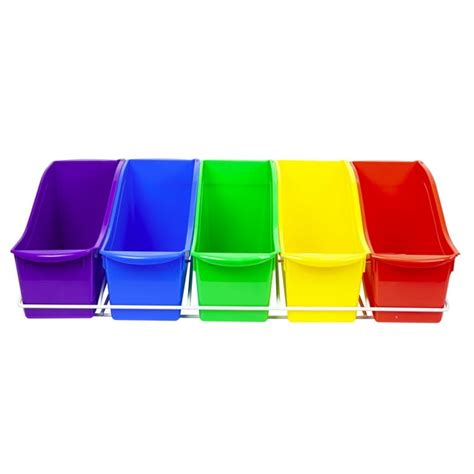 Storex Set Of 5 Large Plastic Book Bins With Wall Mount Assorted