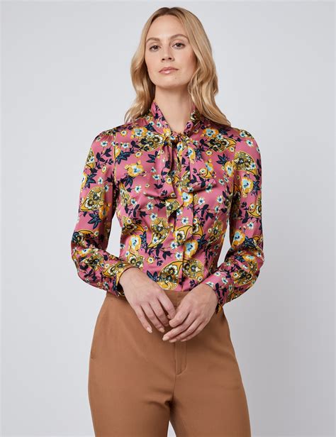Womens Pink And Yellow Floral Fitted Satin Blouse Single Cuff Pussy Bow Hawes And Curtis