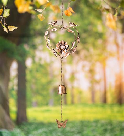 Handcrafted Golden Metal Wind Chime With Birds Heart Flower