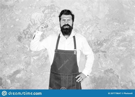 Man Denim Apron Stylish Barbershop Staff Bearded Hipster Warning Danger Concept Stock Image