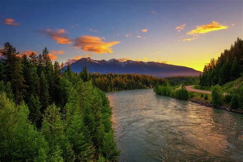 Sunset Above Fraser River Near Jasper National Park In Canada