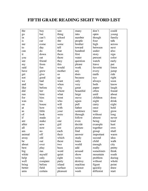 List Of Sight Words Fifth Grade Reading Sight Word List Ingles