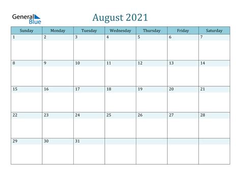 August 2021 Calendar Pdf Word Excel