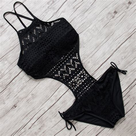 Swimsuit Women One Pieces Swimwear Female Sexy Hollow Black Halter Bathing Suit Pad Swimming