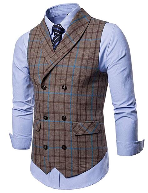 Saovere Mens Business Formal Plaid Suit Vests Slim Fit Double Breasted