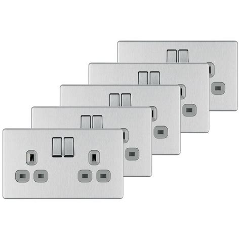 Bg Screwless Flat Plate Brushed Stainless Steel 13a Dp Switch Socket 2