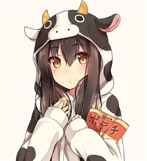 Anime Girl Black Hair Golden Eyes Cow Ears Cow Costume