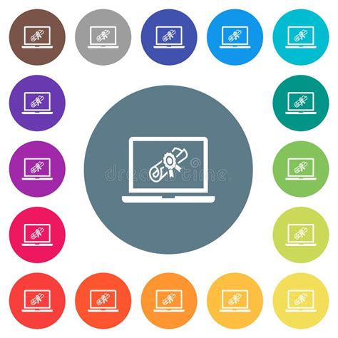 Webinar On Laptop Flat White Icons On Round Color Backgrounds Stock