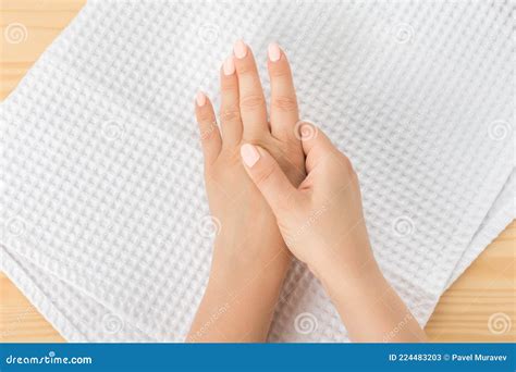 Self Hand Massage By Caucasian Young Woman Fingers Joint Health Closeup Hand Of Person Massage