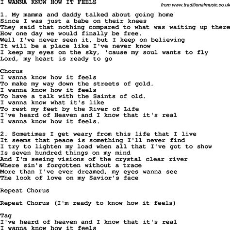 Country Southern And Bluegrass Gospel Song I Wanna Know How It Feels Lyrics