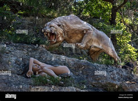 Eurasian Cave Lion Panthera Leo Spelaea Charging Cro Magnon Boy At