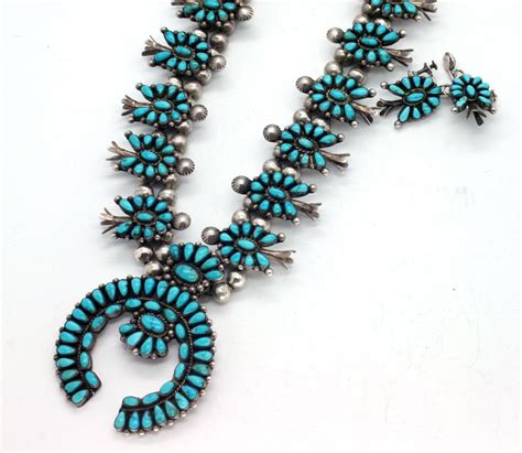 Vintage ZUNI Sterling Silver Turquoise Squash Blossom Necklace Earrings