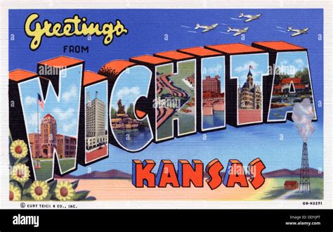 Greetings From Wichita Kansas Postcard 1940 Stock Photo 60229088