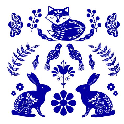 Scandinavian Folk Art Pattern With Bunnies Fox And
