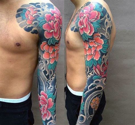 Csodálatos Férfiak Hagyományos Japán Virágvirág Teljes Ujjú Tetováló ötletek Floral Tattoo