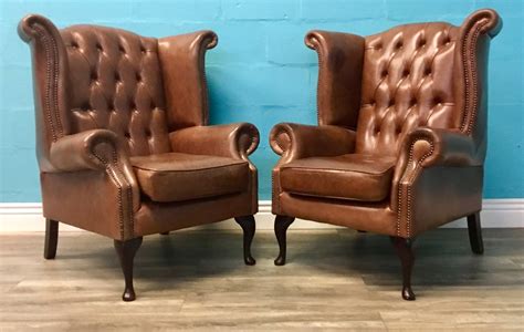Lovely Vintage Pair Of Light Brown Leather Chesterfield Armchairs