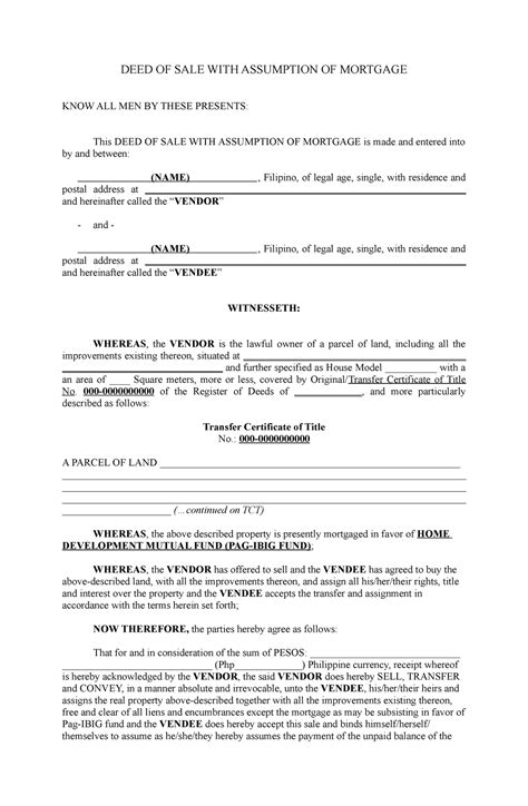 Deed Of Sale With Assumption Of Mortgage Template Deed Of Sale With Assumption Of Mortgage