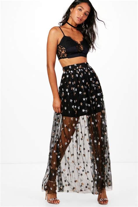 Blaire Sequin Star Mesh Overlay Maxi Skirt Incredible Clothing