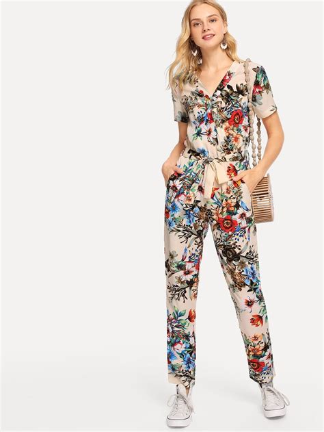 botanical print surplice wrap jumpsuit shein sheinside wrap jumpsuit floral jumpsuit printed