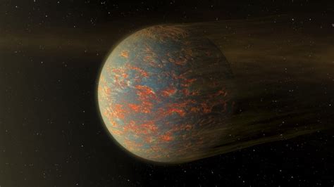 artist concept of exoplanet 55 cancri e and its molten surface showing material blowing of from