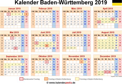 Hier finden sie eine übersicht der gesetzlichen feiertage 2021 und. Kalender 2019 Baden-Württemberg: Ferien, Feiertage, Excel ...