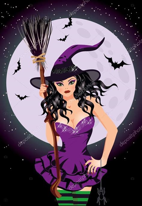 Happy Halloween Sexy Night Witch With Broomstick Vector Illustration