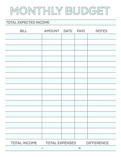 Monthly Bill Sheet Printable