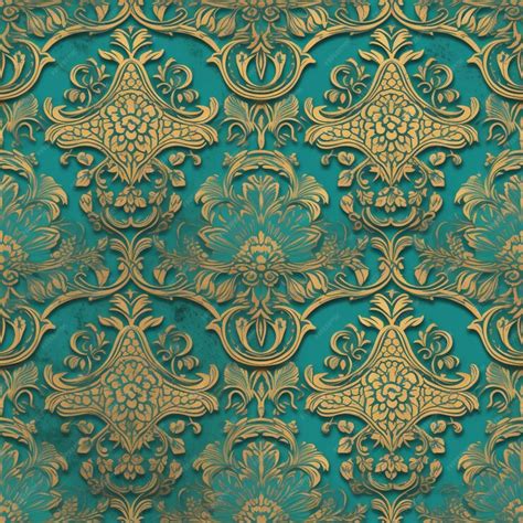 Premium Photo A Blue And Gold Damask Wallpaper With A Floral Pattern